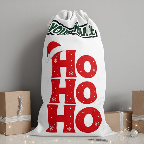 Ho Ho Ho Santa Hat personalised Santa sack, white, with the name printed under the artwork