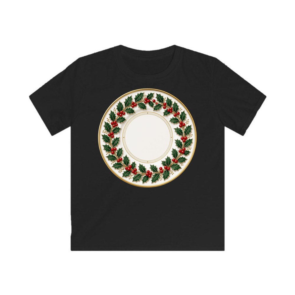 Holly Border Christmas Plate personalised kids Christmas tee in black