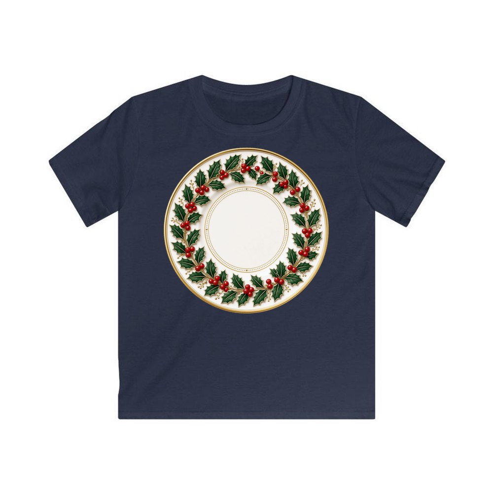 Holly Border Christmas Plate personalised kids Christmas tee in navy