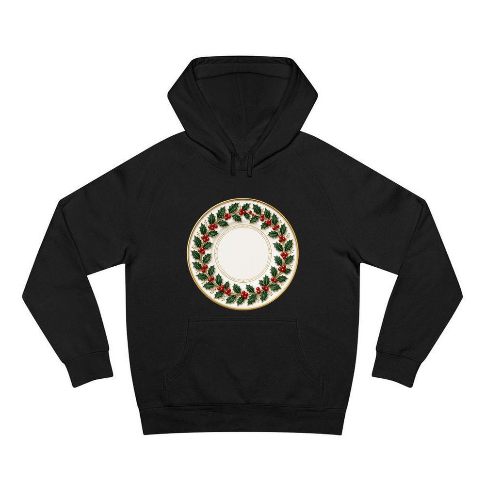 Holly Border Christmas Plate personalised Christmas hoodie in black