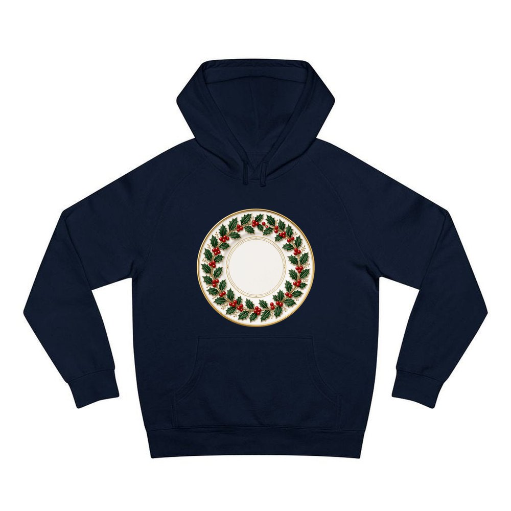 Holly Border Christmas Plate personalised Christmas hoodie in navy