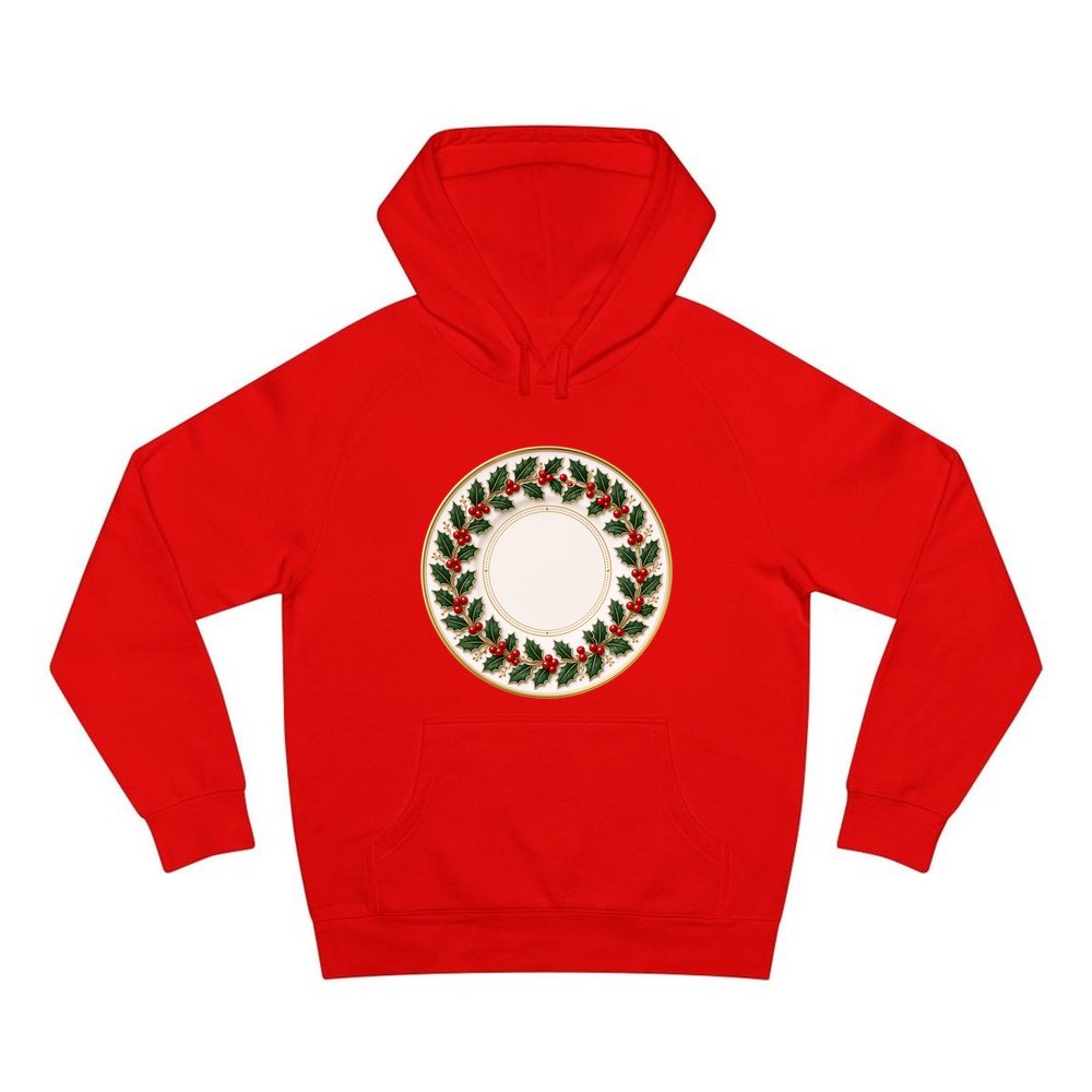 Holly Border Christmas Plate personalised Christmas hoodie in red