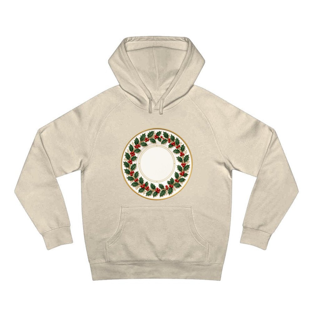 Holly Border Christmas Plate personalised Christmas hoodie in sand