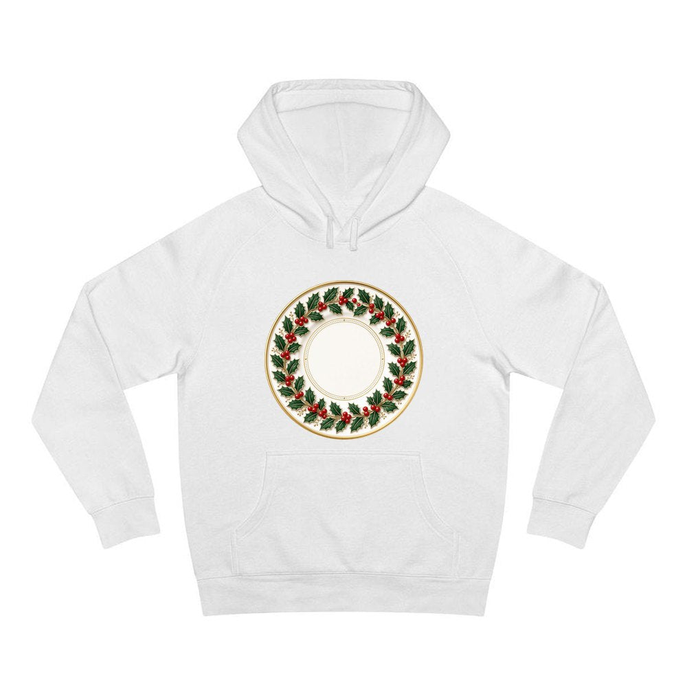 Holly Border Christmas Plate personalised Christmas hoodie in white
