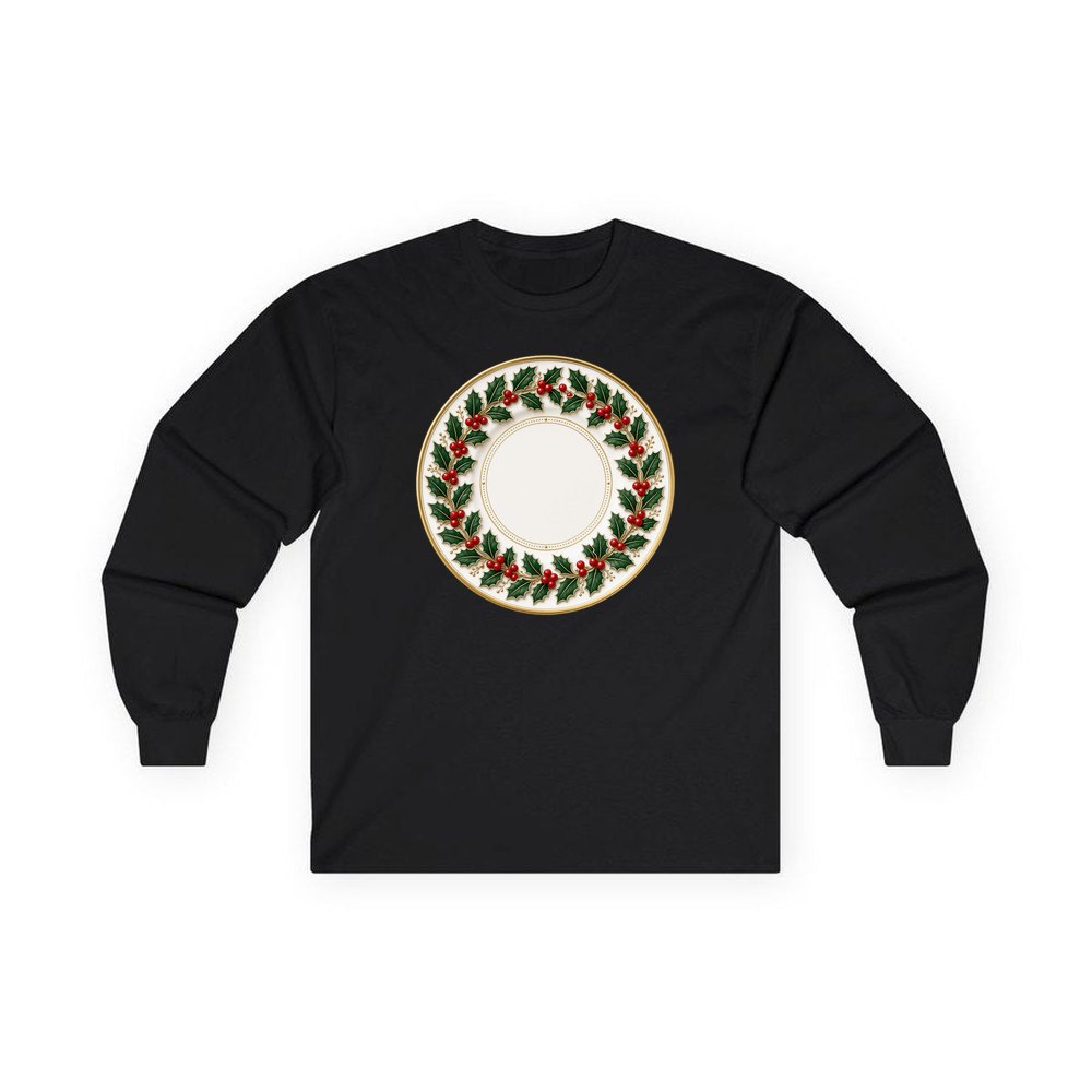 Holly Border Christmas Plate personalised long sleeve Christmas T-shirt in black