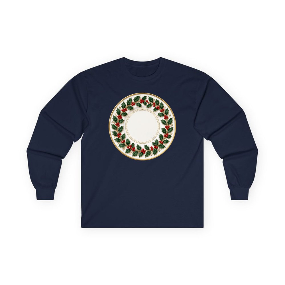Holly Border Christmas Plate personalised long sleeve Christmas T-shirt in navy