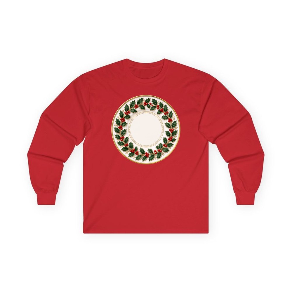 Holly Border Christmas Plate personalised long sleeve Christmas T-shirt in red