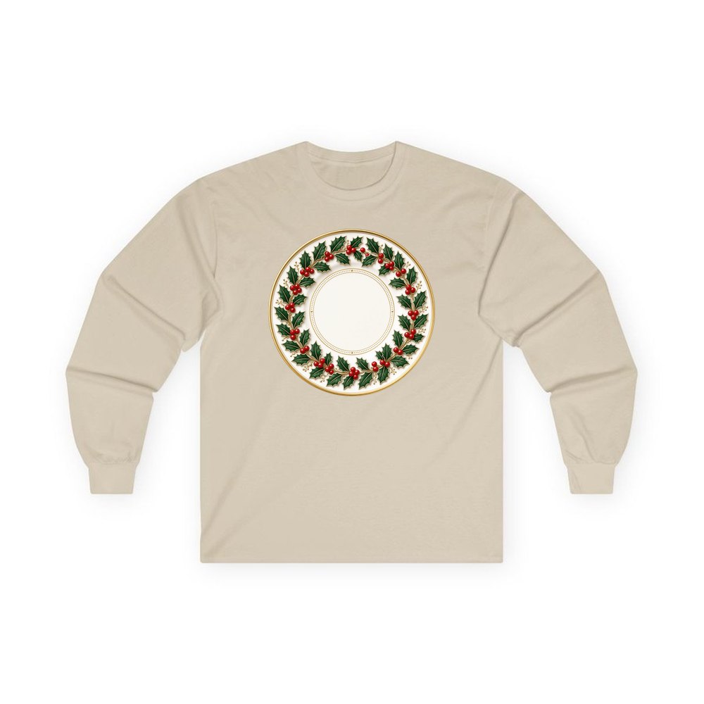 Holly Border Christmas Plate personalised long sleeve Christmas T-shirt in sand