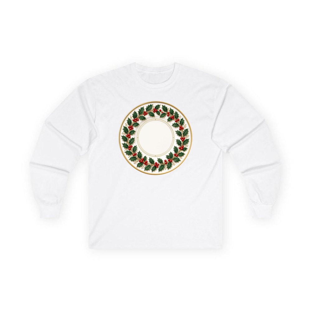 Holly Border Christmas Plate personalised long sleeve Christmas T-shirt in white