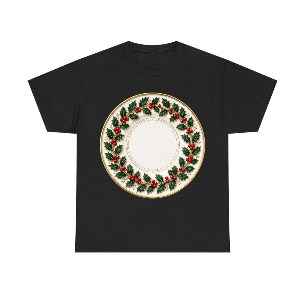 Holly Border Christmas Plate personalised Christmas T-shirt in black