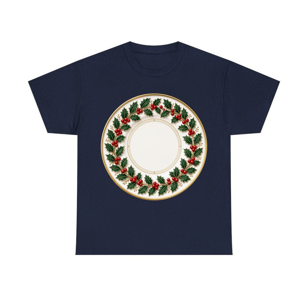 Holly Border Christmas Plate personalised Christmas T-shirt in navy