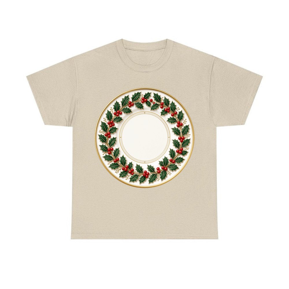 Holly Border Christmas Plate personalised Christmas T-shirt in sand
