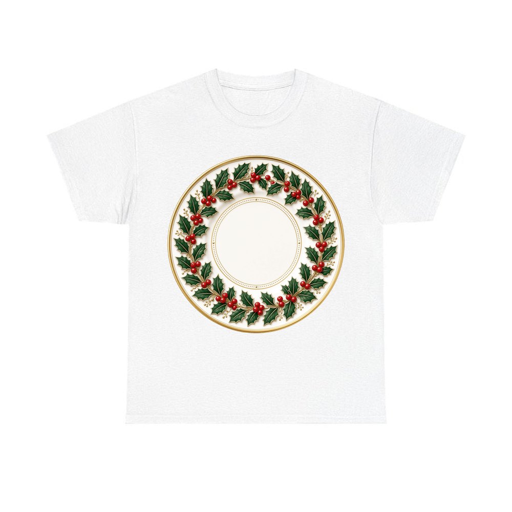 Holly Border Christmas Plate personalised Christmas T-shirt in white