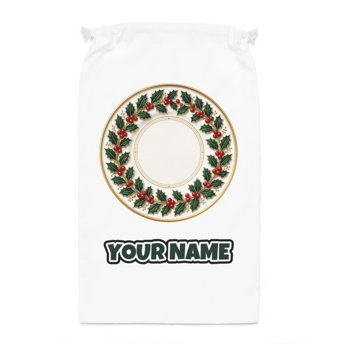 Holly Border Christmas Plate Santa sack laid flat, showing the full print