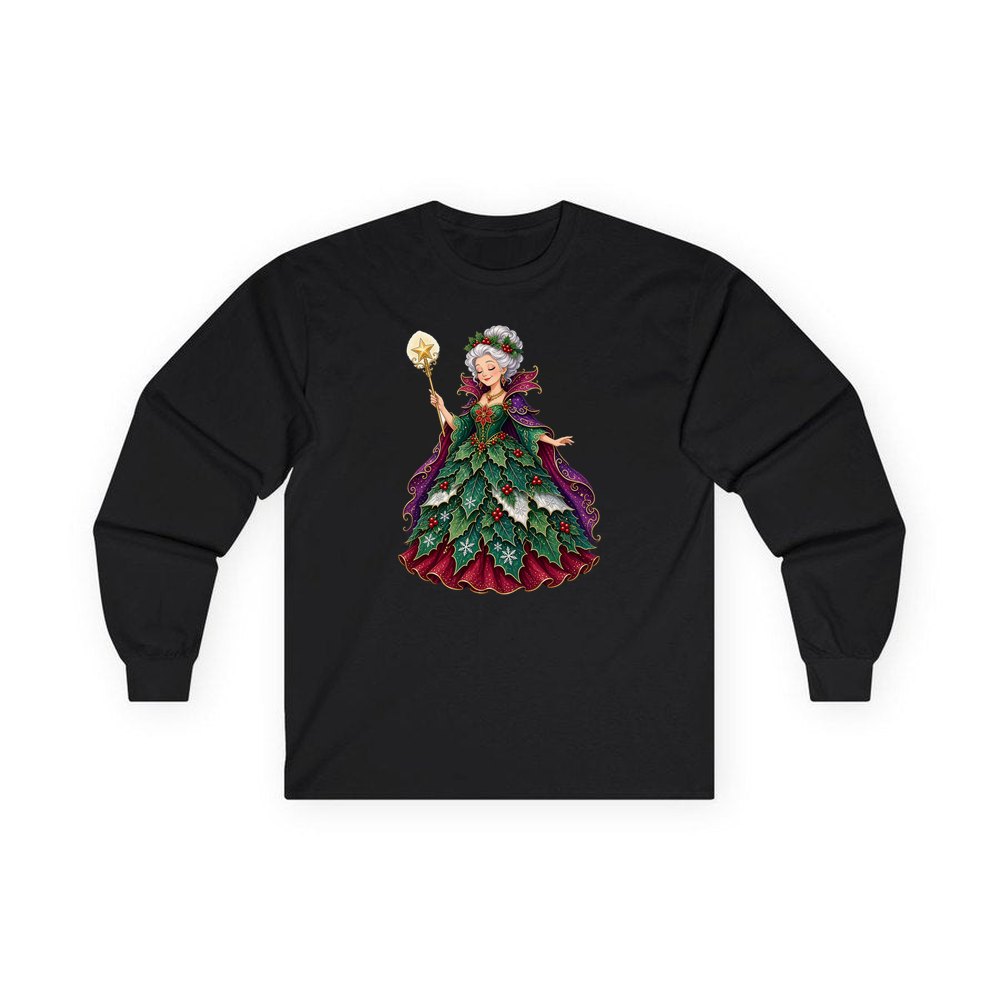 Holly Fairy Godmother personalised long sleeve Christmas T-shirt in black