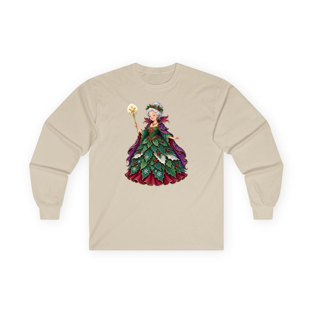 Holly Fairy Godmother personalised long sleeve Christmas T-shirt in sand