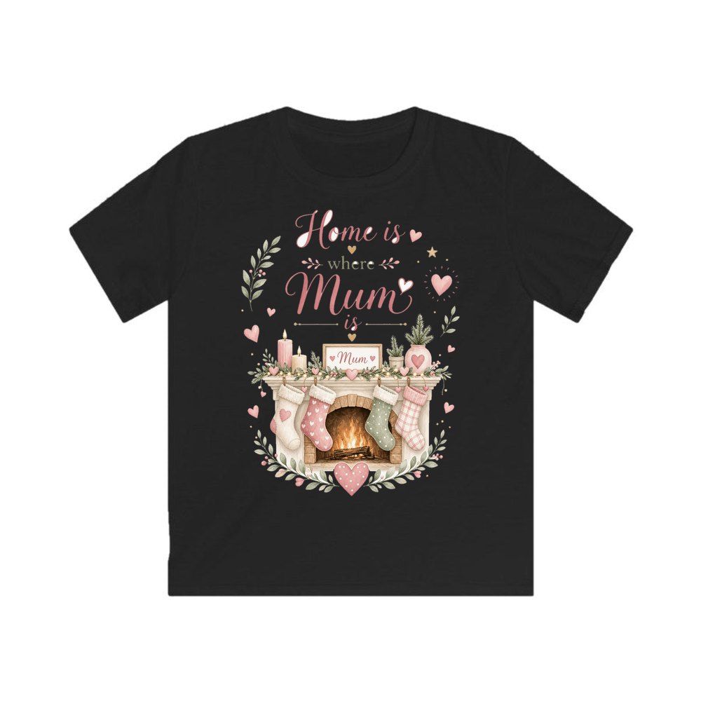 Home Is Where Mum Is personalised kids Christmas tee in black