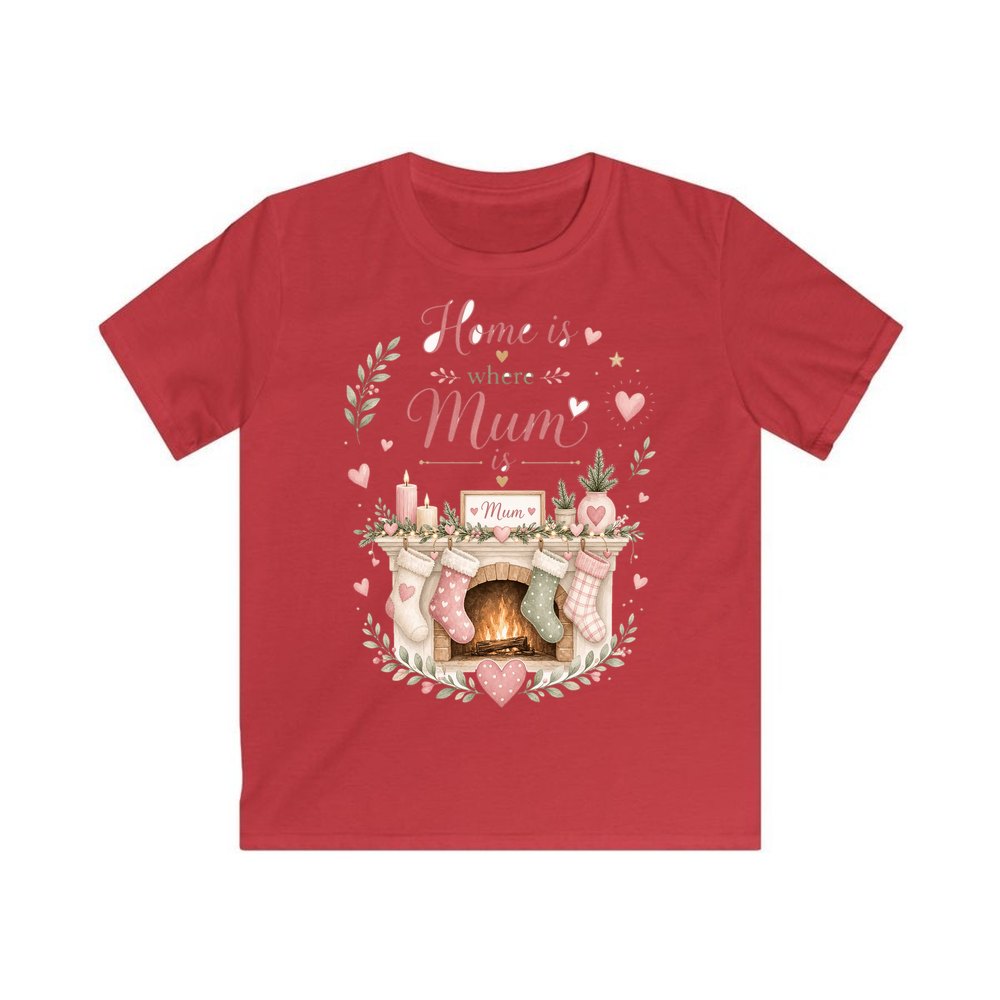 Home Is Where Mum Is personalised kids Christmas tee in red