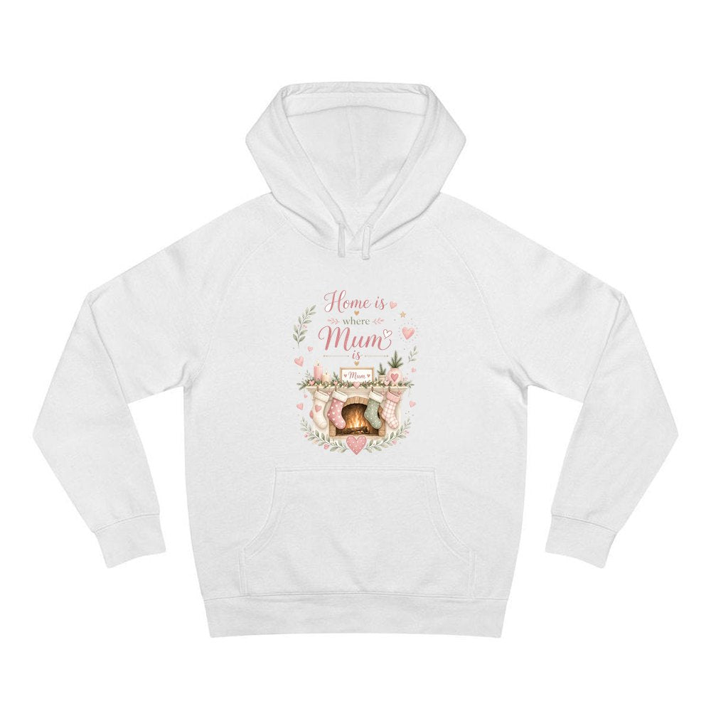 Home Is Where Mum Is personalised Christmas hoodie in white