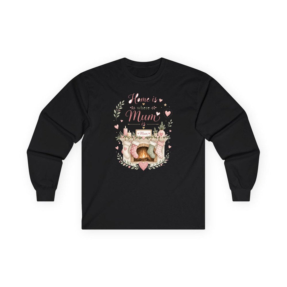 Home Is Where Mum Is personalised long sleeve Christmas T-shirt in black