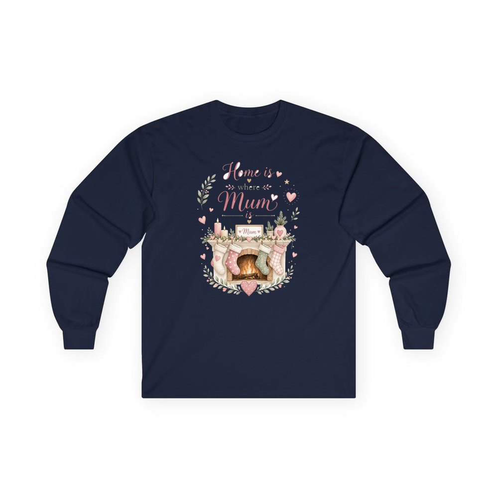 Home Is Where Mum Is personalised long sleeve Christmas T-shirt in navy