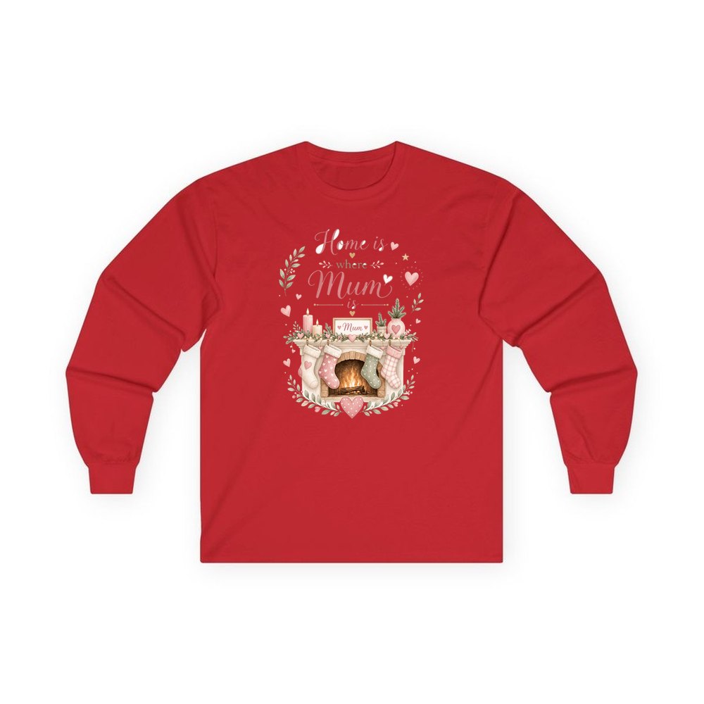 Home Is Where Mum Is personalised long sleeve Christmas T-shirt in red