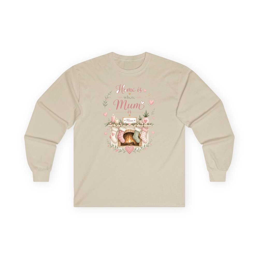 Home Is Where Mum Is personalised long sleeve Christmas T-shirt in sand