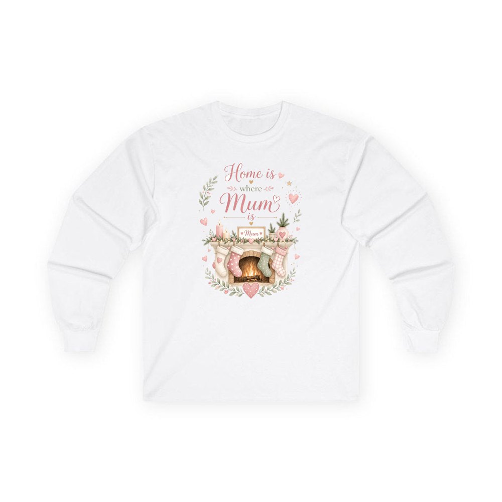 Home Is Where Mum Is personalised long sleeve Christmas T-shirt in white