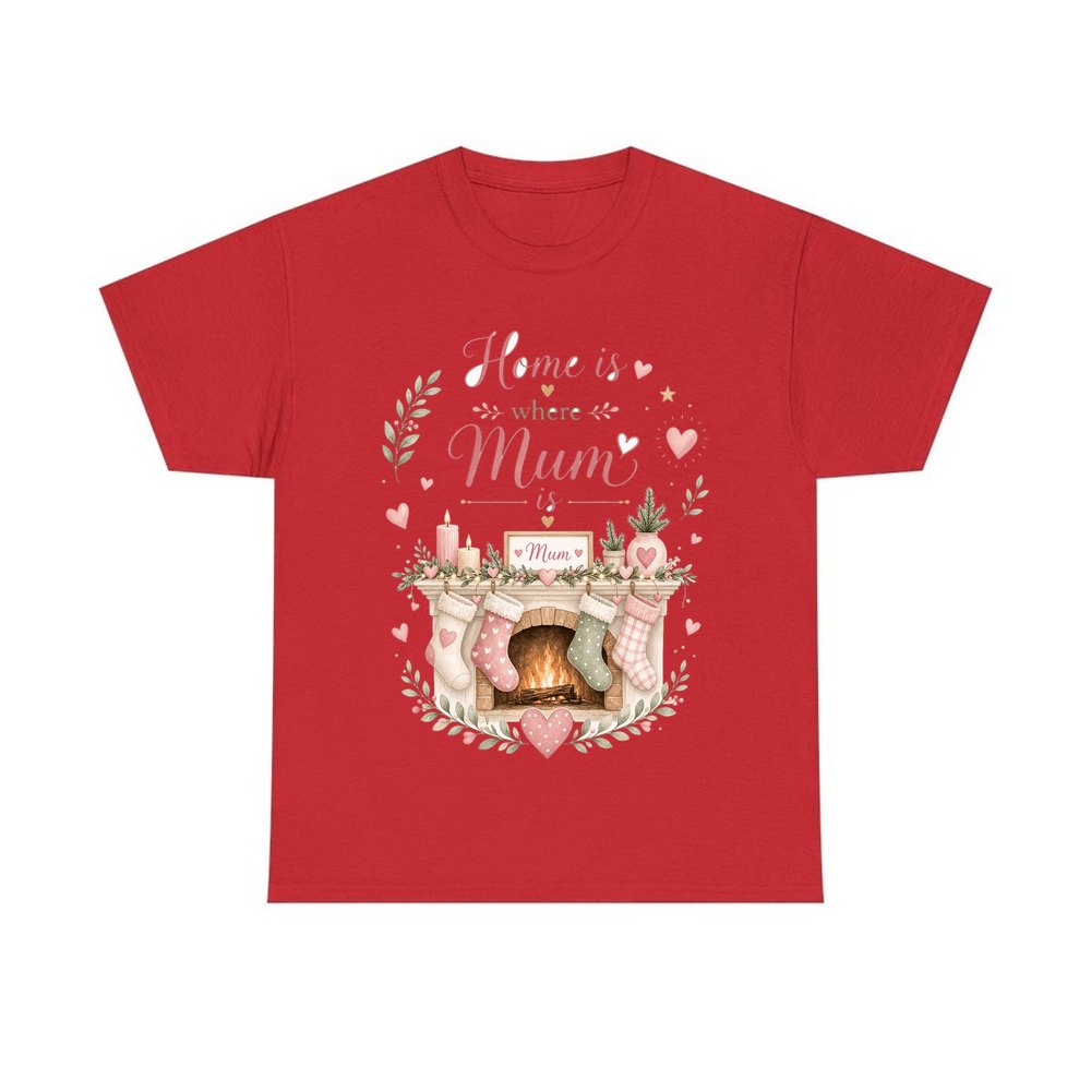 Home Is Where Mum Is personalised Christmas T-shirt in red