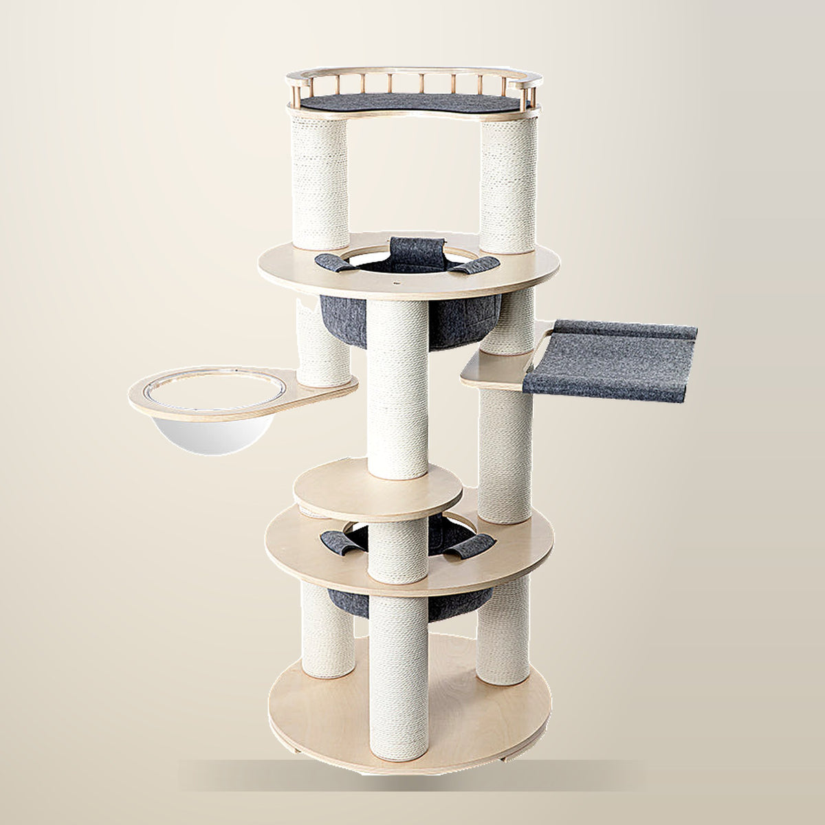 HONEYPOTCAT Harmony Wood Cat Tower, White, 168 cm, on a plain cream background