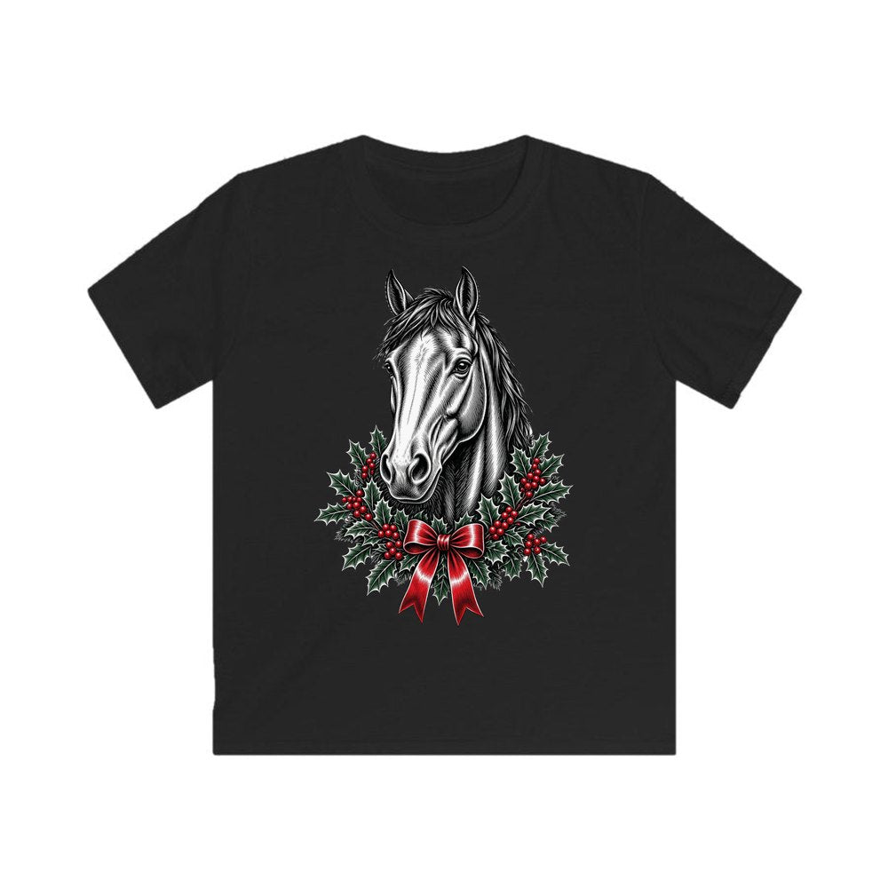 Horse and Holly Wreath personalised kids Christmas tee in black