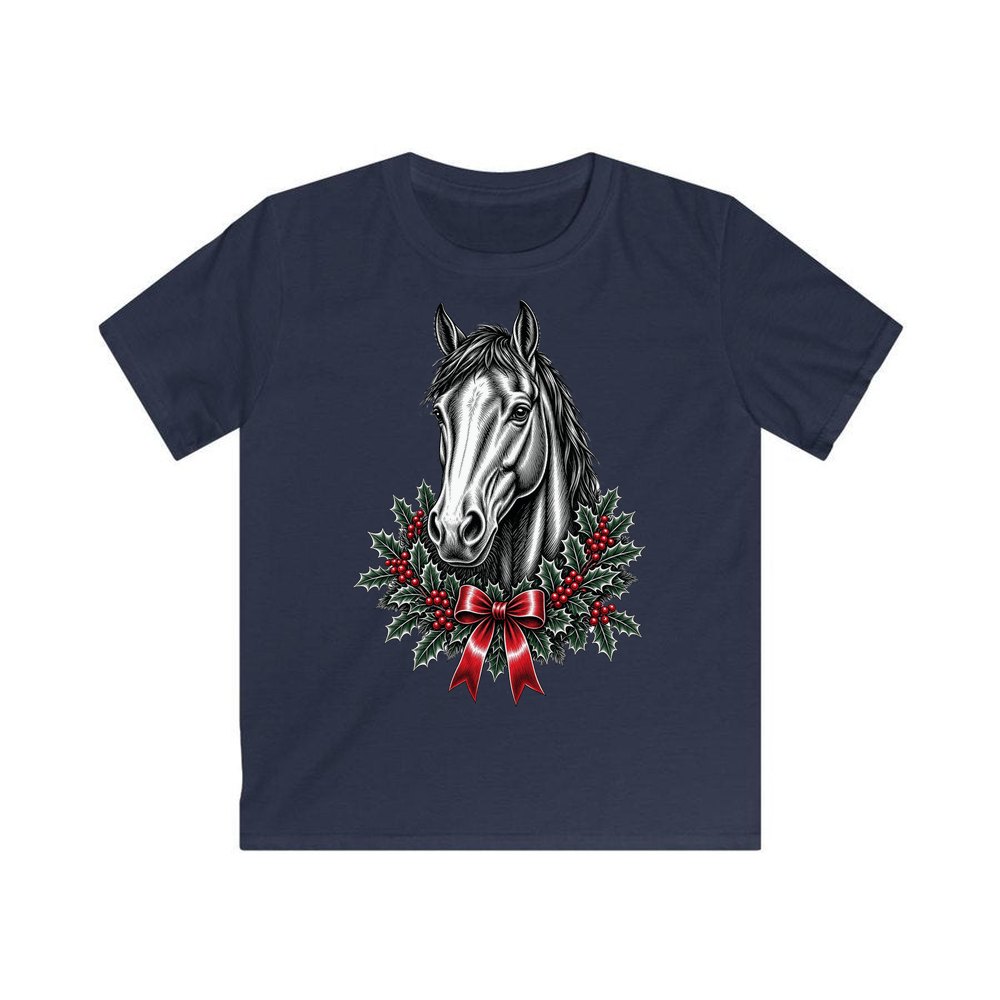 Horse and Holly Wreath personalised kids Christmas tee in navy