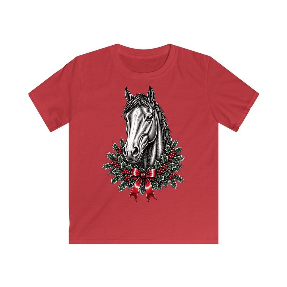 Horse and Holly Wreath personalised kids Christmas tee in red