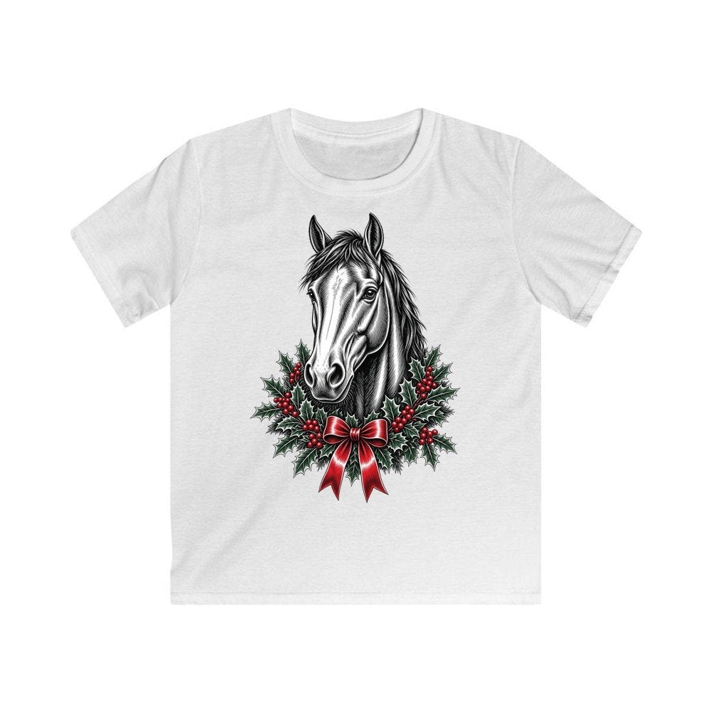 Horse and Holly Wreath personalised kids Christmas tee in white