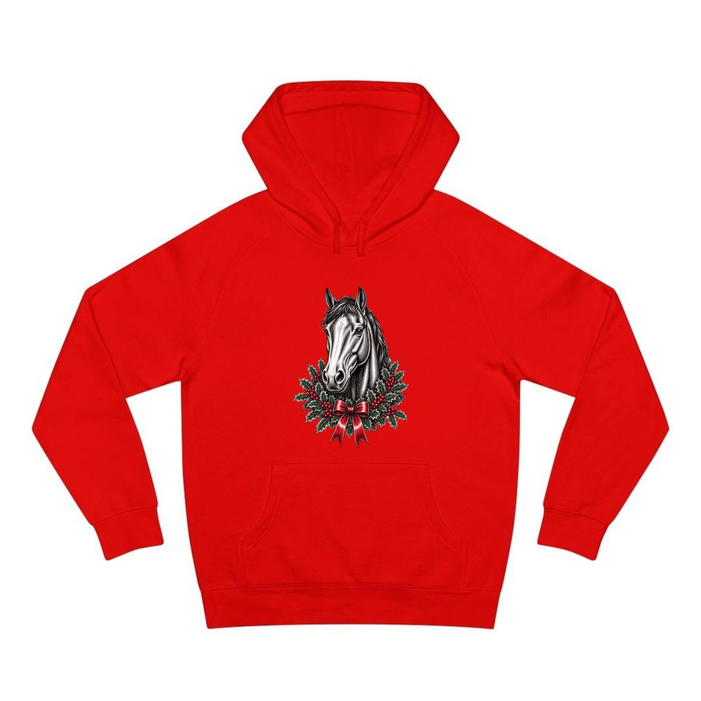 Horse and Holly Wreath personalised Christmas hoodie in red