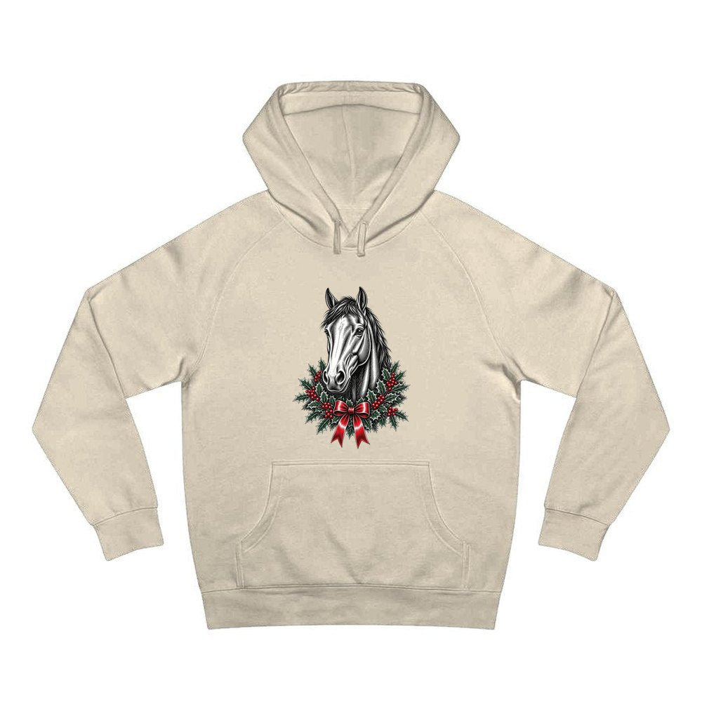 Horse and Holly Wreath personalised Christmas hoodie in sand