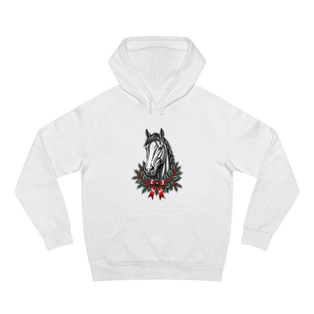 Horse and Holly Wreath personalised Christmas hoodie in white