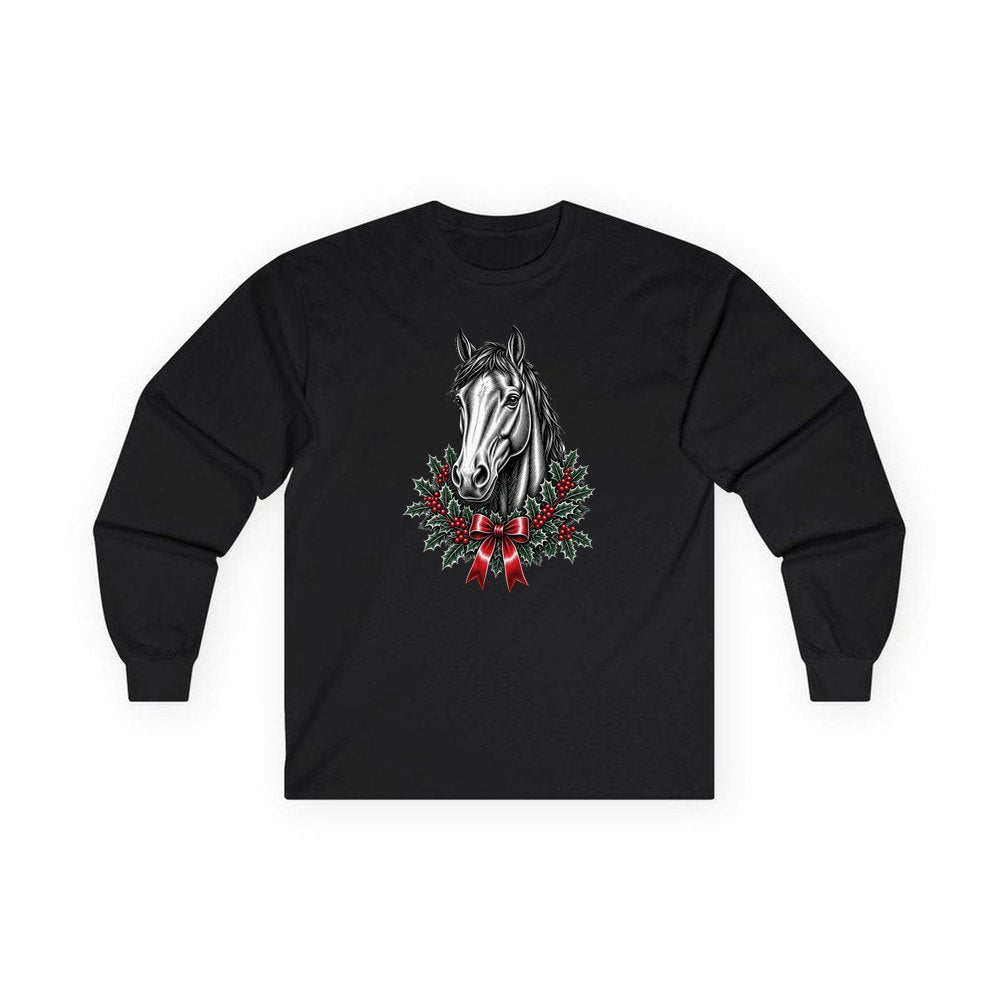 Horse and Holly Wreath personalised long sleeve Christmas T-shirt in black