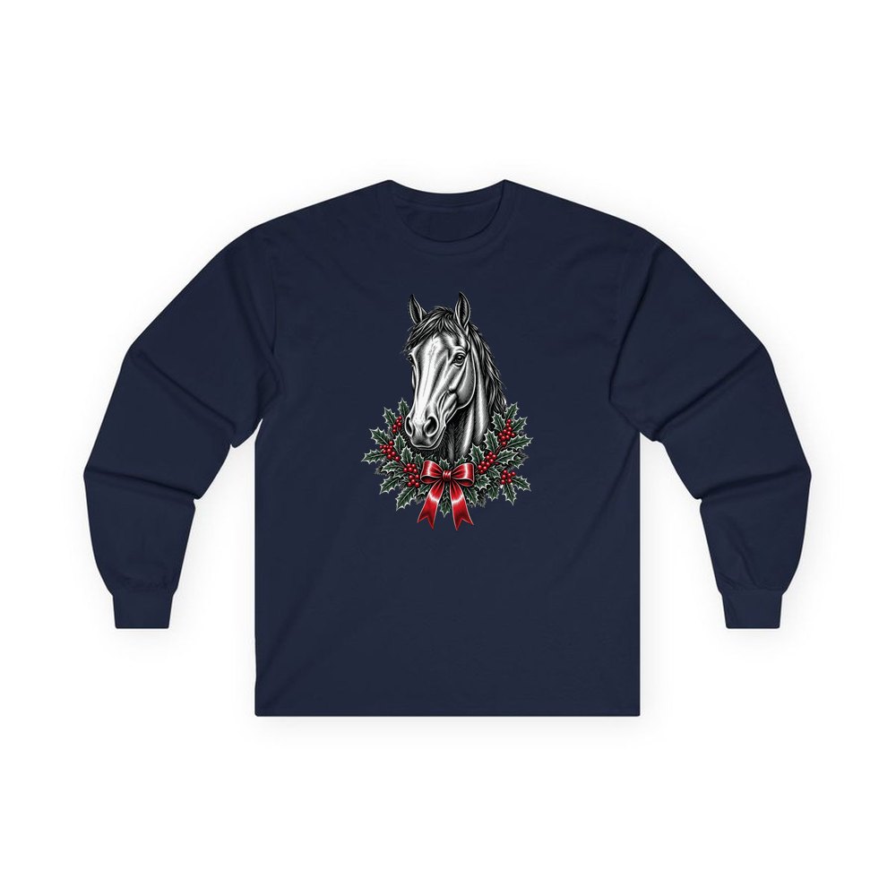 Horse and Holly Wreath personalised long sleeve Christmas T-shirt in navy