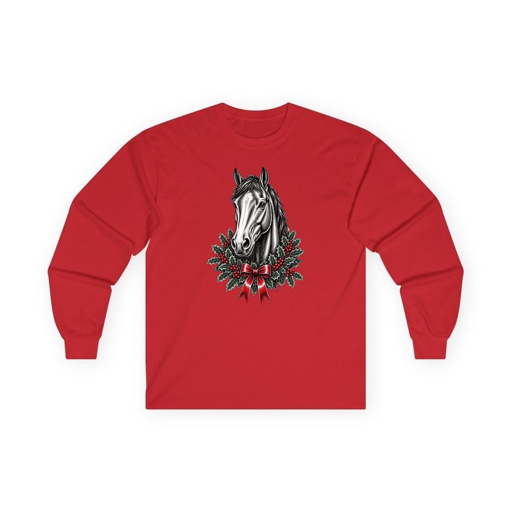 Horse and Holly Wreath personalised long sleeve Christmas T-shirt in red