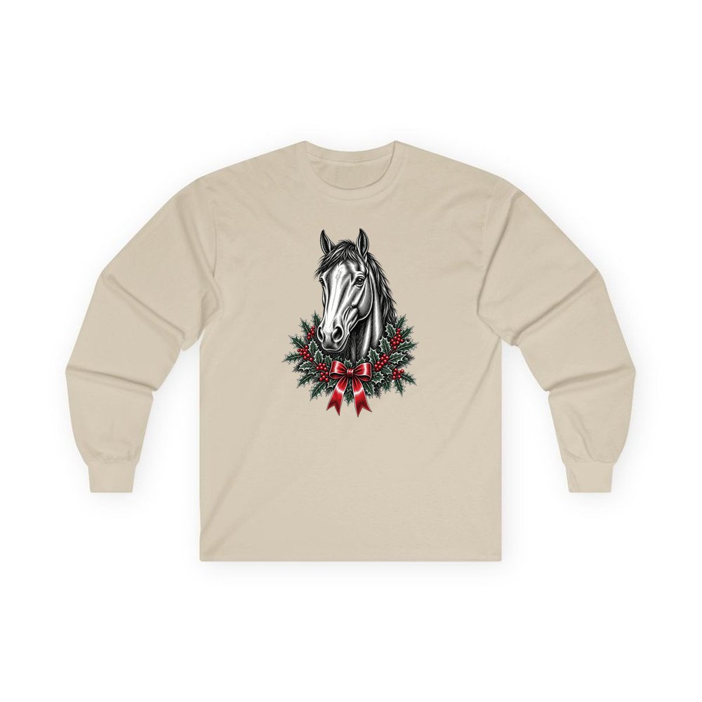 Horse and Holly Wreath personalised long sleeve Christmas T-shirt in sand