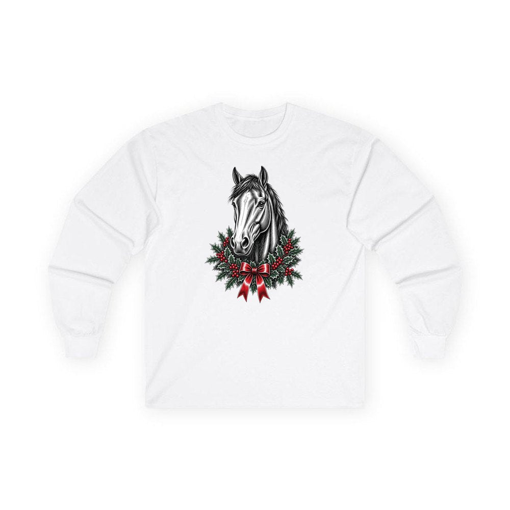 Horse and Holly Wreath personalised long sleeve Christmas T-shirt in white