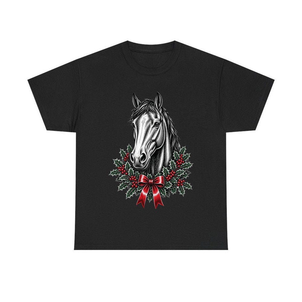 Horse and Holly Wreath personalised Christmas T-shirt in black