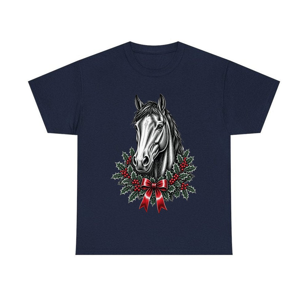 Horse and Holly Wreath personalised Christmas T-shirt in navy