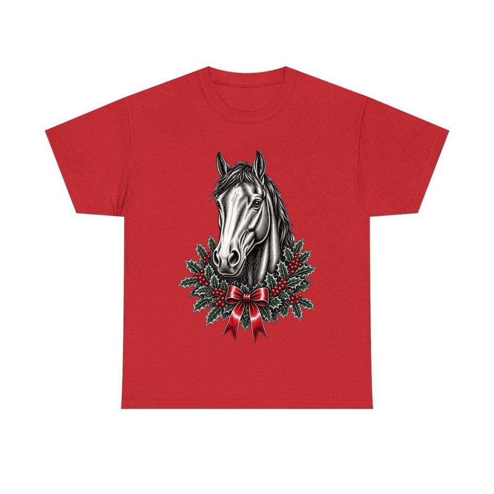 Horse and Holly Wreath personalised Christmas T-shirt in red