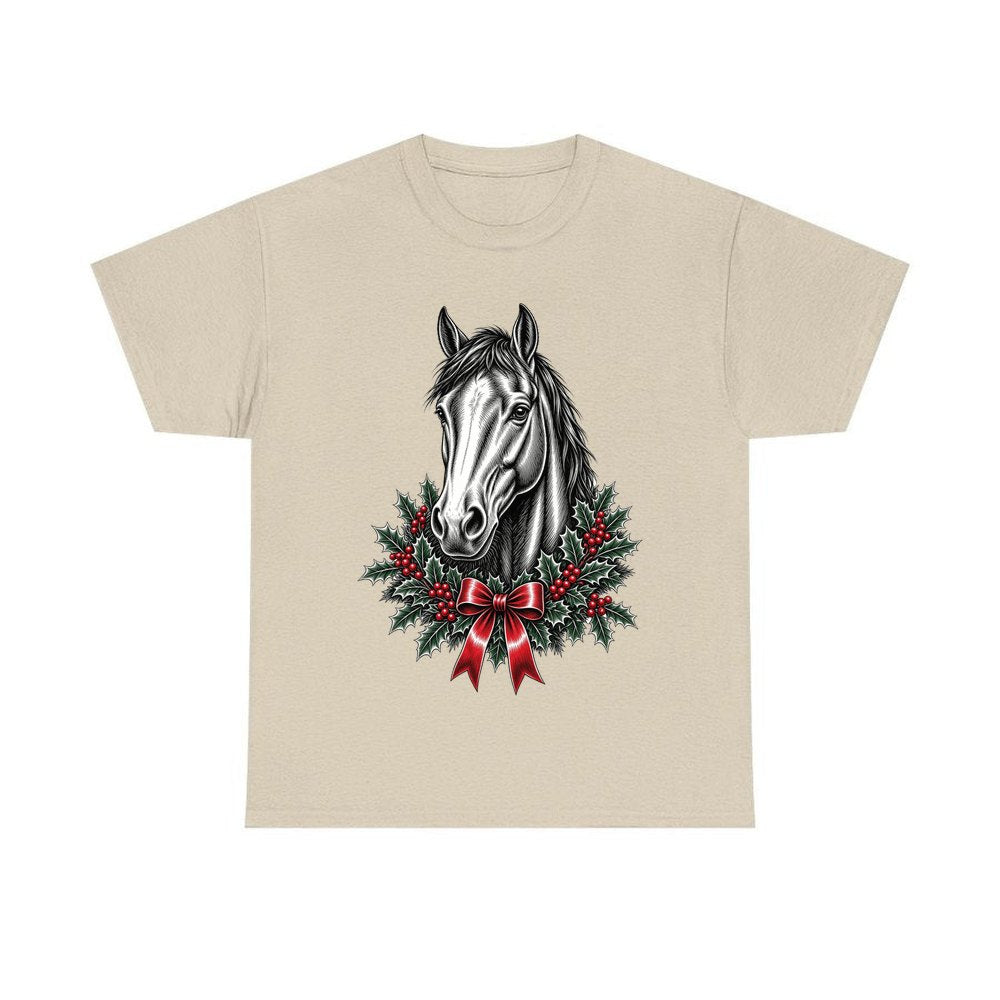 Horse and Holly Wreath personalised Christmas T-shirt in sand