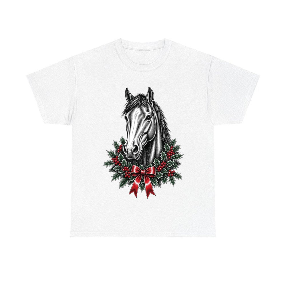 Horse and Holly Wreath personalised Christmas T-shirt in white