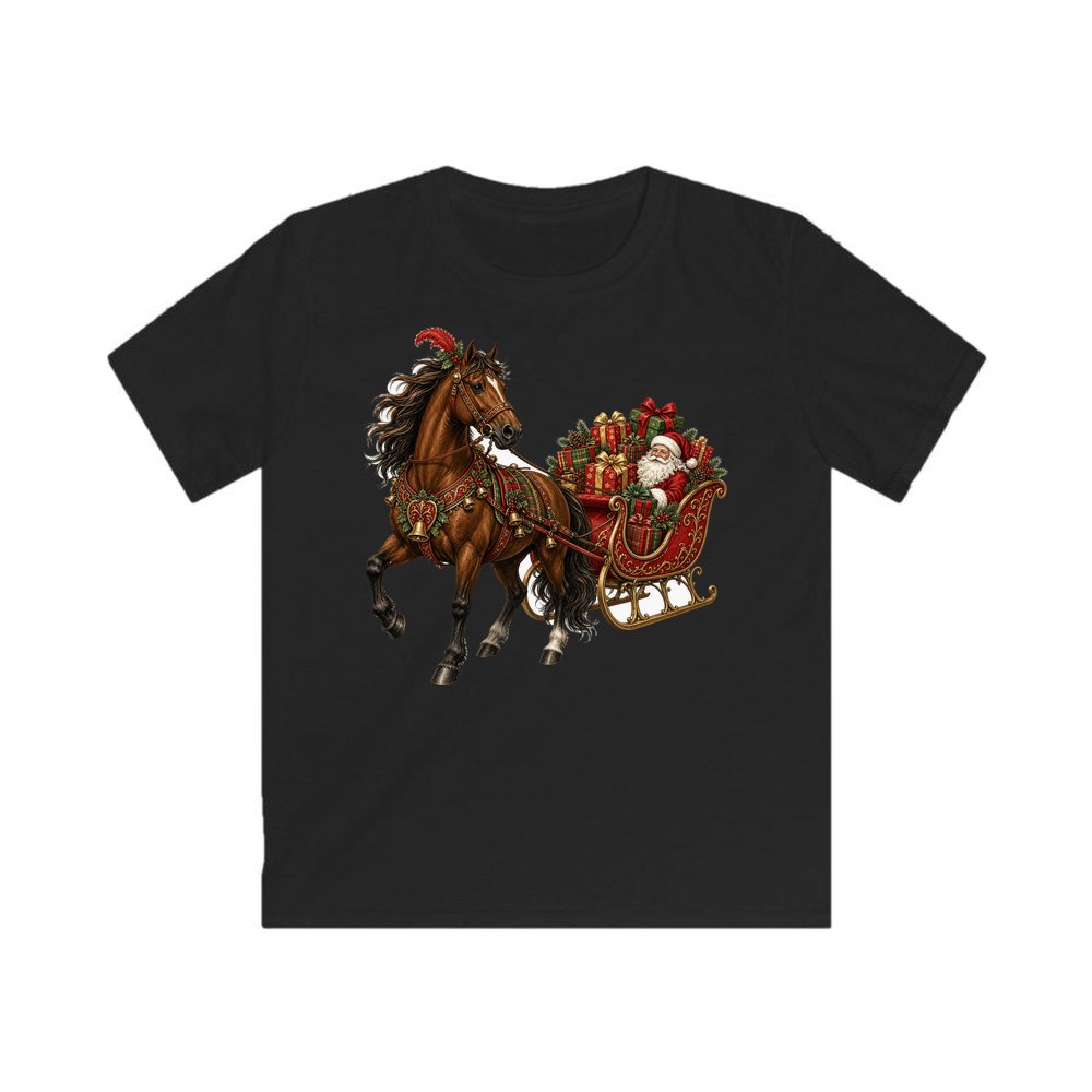 Horse Drawn Santa Sleigh personalised kids Christmas tee in black