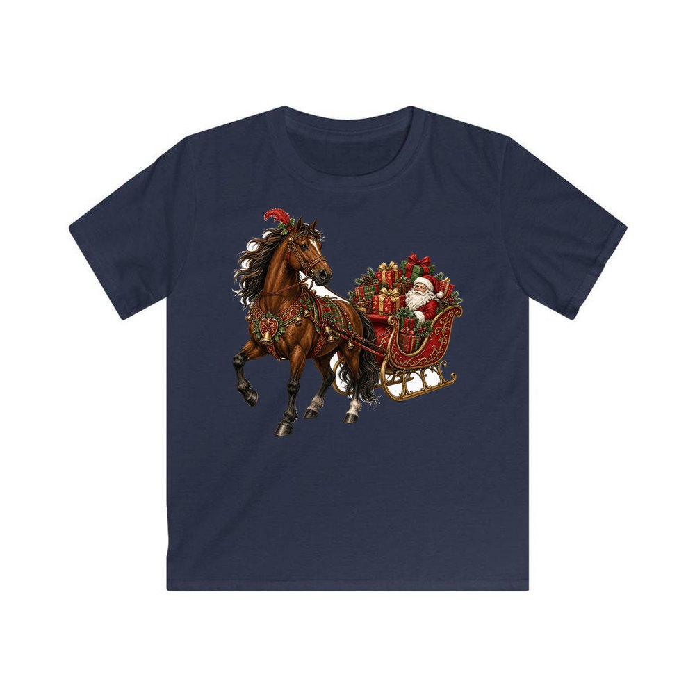 Horse Drawn Santa Sleigh personalised kids Christmas tee in navy
