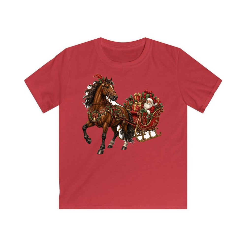 Horse Drawn Santa Sleigh personalised kids Christmas tee in red